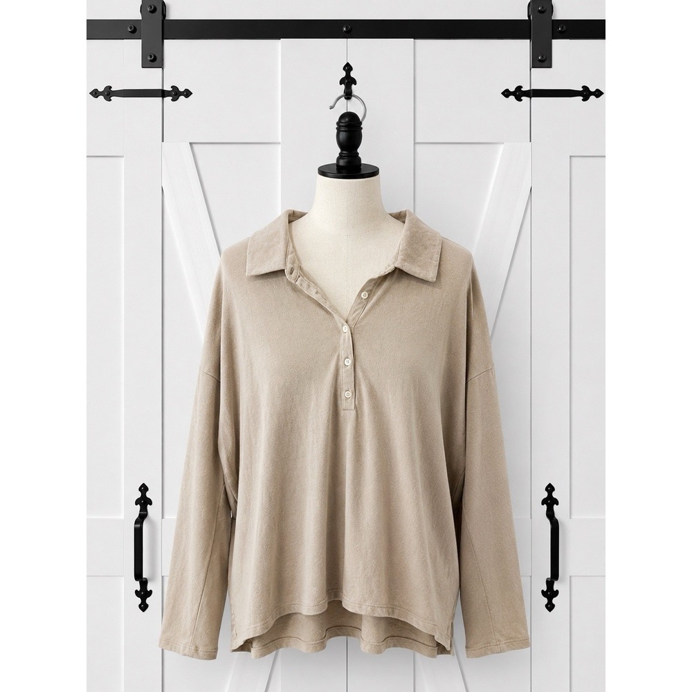 J. Crew Stretch Linen Polo Tee Top Size M Beige Natural Tan Long‎ Sleeves